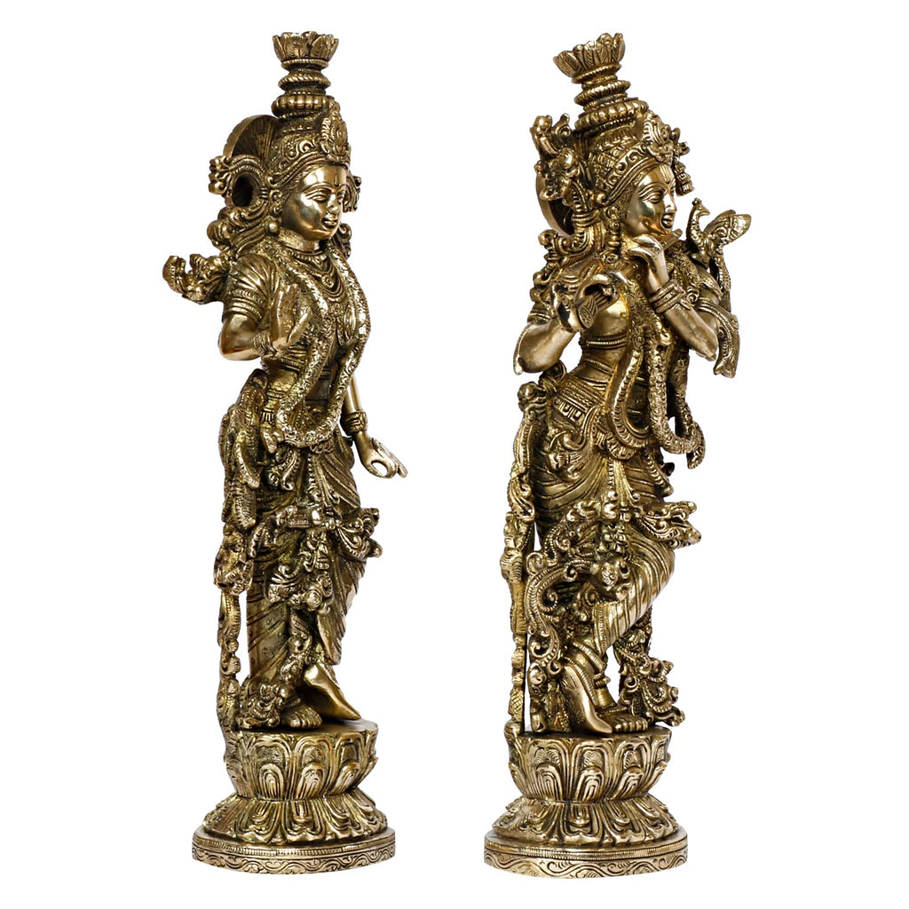 ARTVARKO Radha Krishna Brass Murti of Murli Kishan Playing Flute Radha Idol Standing on Lotus for Home Mandir Decor Marriage Height 14 Inch