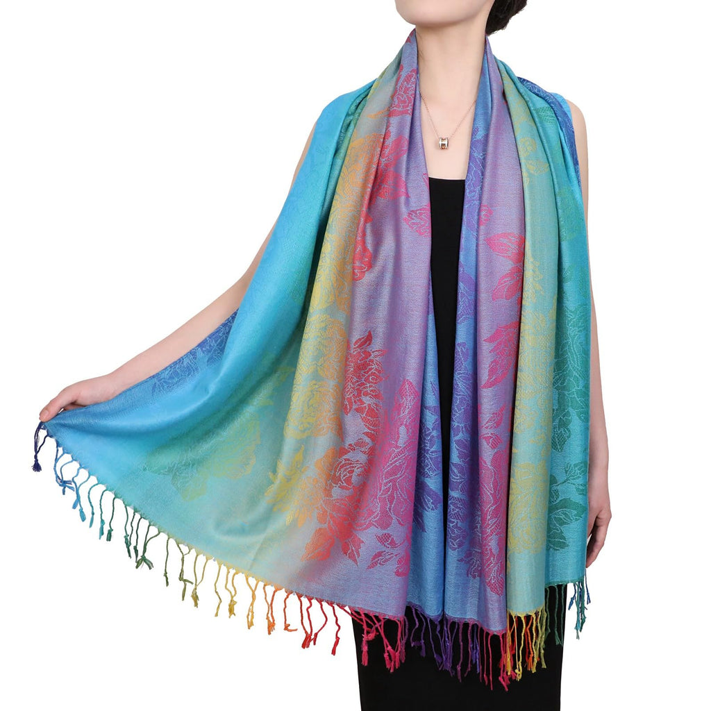 Fashion Colorful flowers Jacquard cotton pashmina Women Wrap Shawl tassels Scarves 75 x 27.5 (THM08-02)