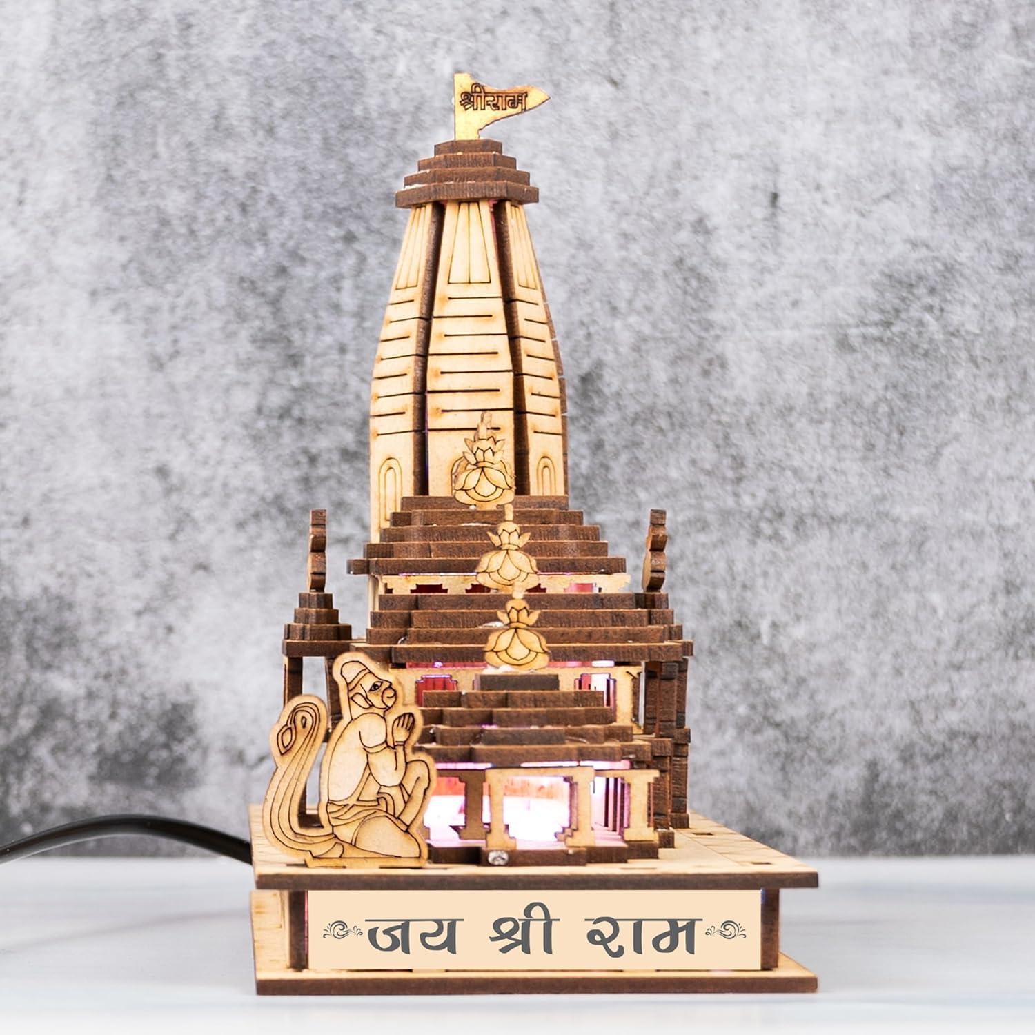 Ram Mandir Ayodhya Model 3D (led light) Replica Handcrafted Wooden Traditional - Intricate MDF Craftsmanship, Authentic Design with multicolour led light, size (6x4) inch/(15/8/13 CM.) (Antique)