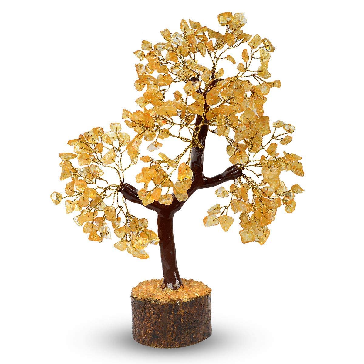 Swara Agate Citrine Stone Tree - Natural Healing Crystal Tree with Wooden Base - Handcrafted with Golden Wire Branches - 300 Stones, 10-12 inch - Yellow Decorative Showpiece