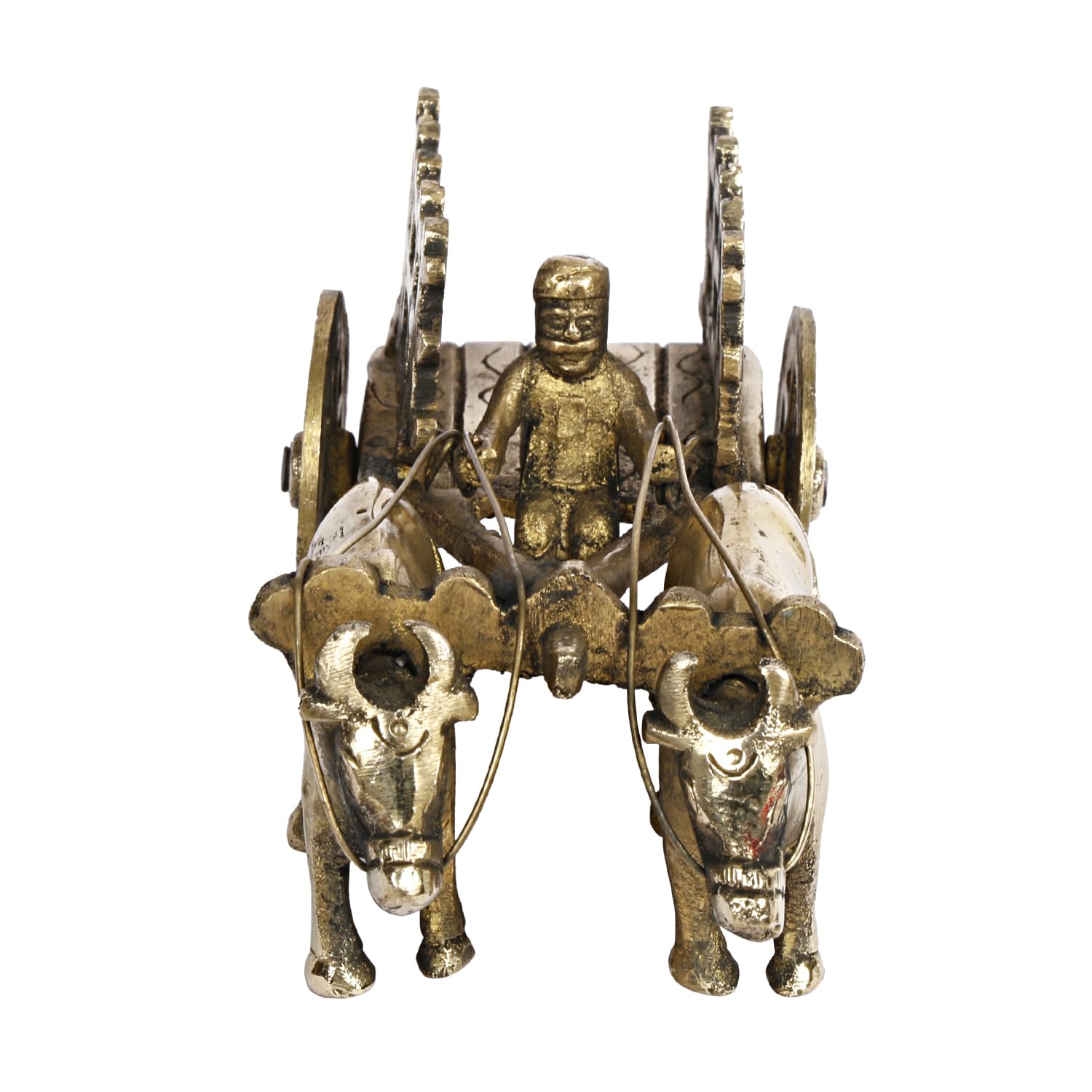 SVARUP Brass Vintage Bullock Cart with Double Bull with Farmer Decorative Showpiece Bullock Cart Standard, Pack of 1