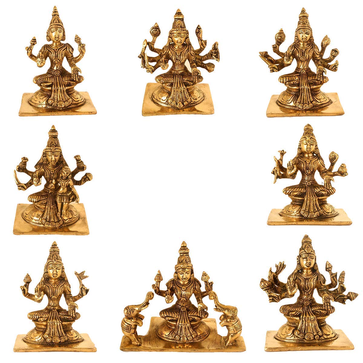 ARTVARKO Brass Goddess Ashtalakshmi | Ashta Lakshmi Set for Diwali Pooja Mandir Temple Marriage Gift Gold Color Height 5 Inches Weight 8 Kg.