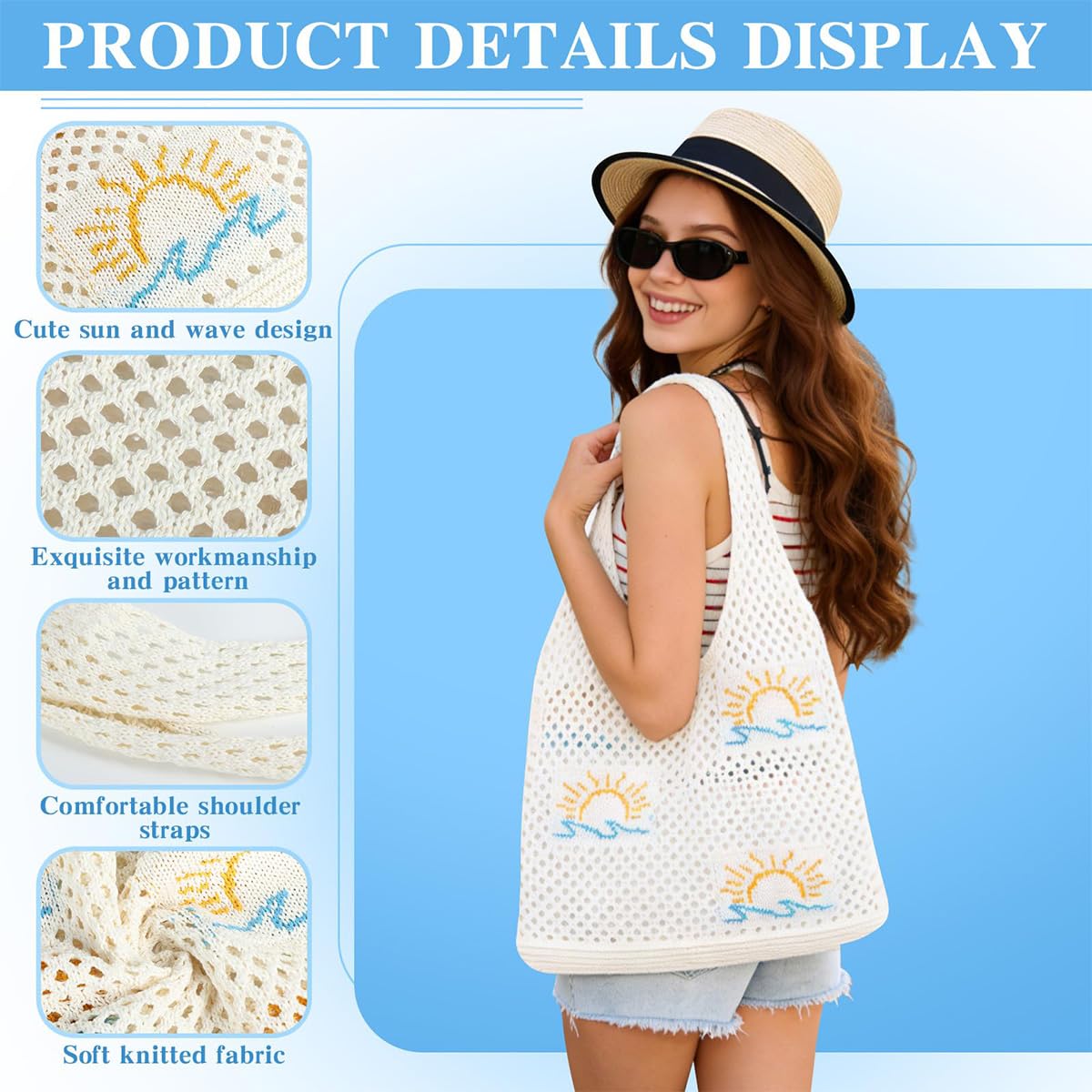 Crochet Bag For Women Stylish, Tote Bag For College Girls, Beach Bag For Women Stylish, Cotton Tote Bag For Woman, Crochet Bags, Cloth Bag For Woman, Ivory White Sunrise Sun Hook Handmade Beach Tote