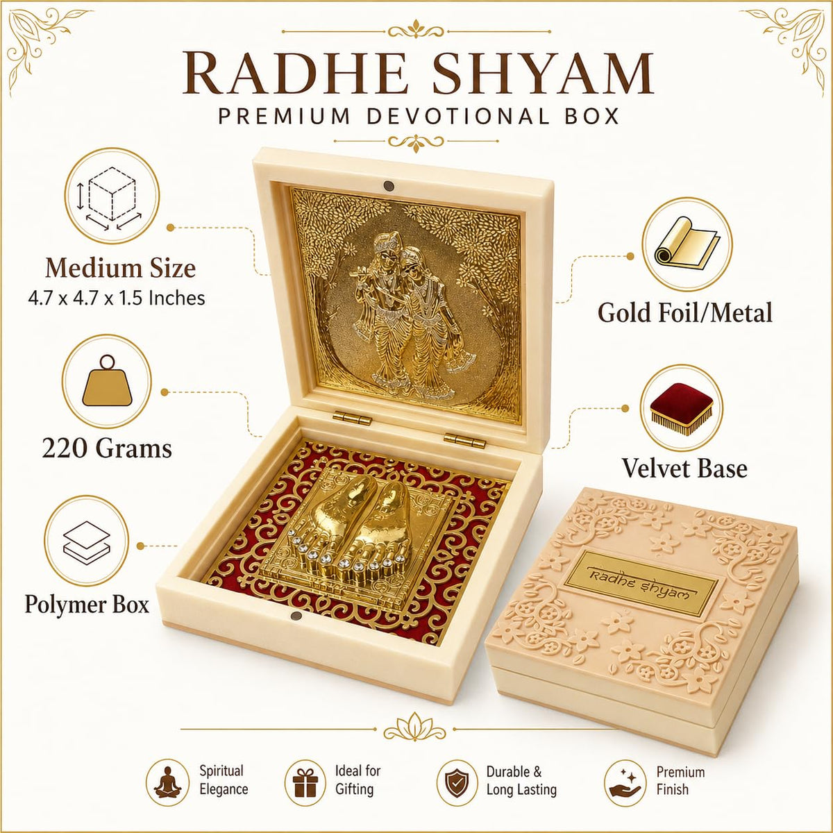 Radha Krishna Design Charan Paduka Pocket Temple for Pooja Room, Home Mandir, Car Dashboard & Prayer Space | Pearl & Brown Finish | Spiritual Gift & Housewarming Gift (Pearl, Medium)
