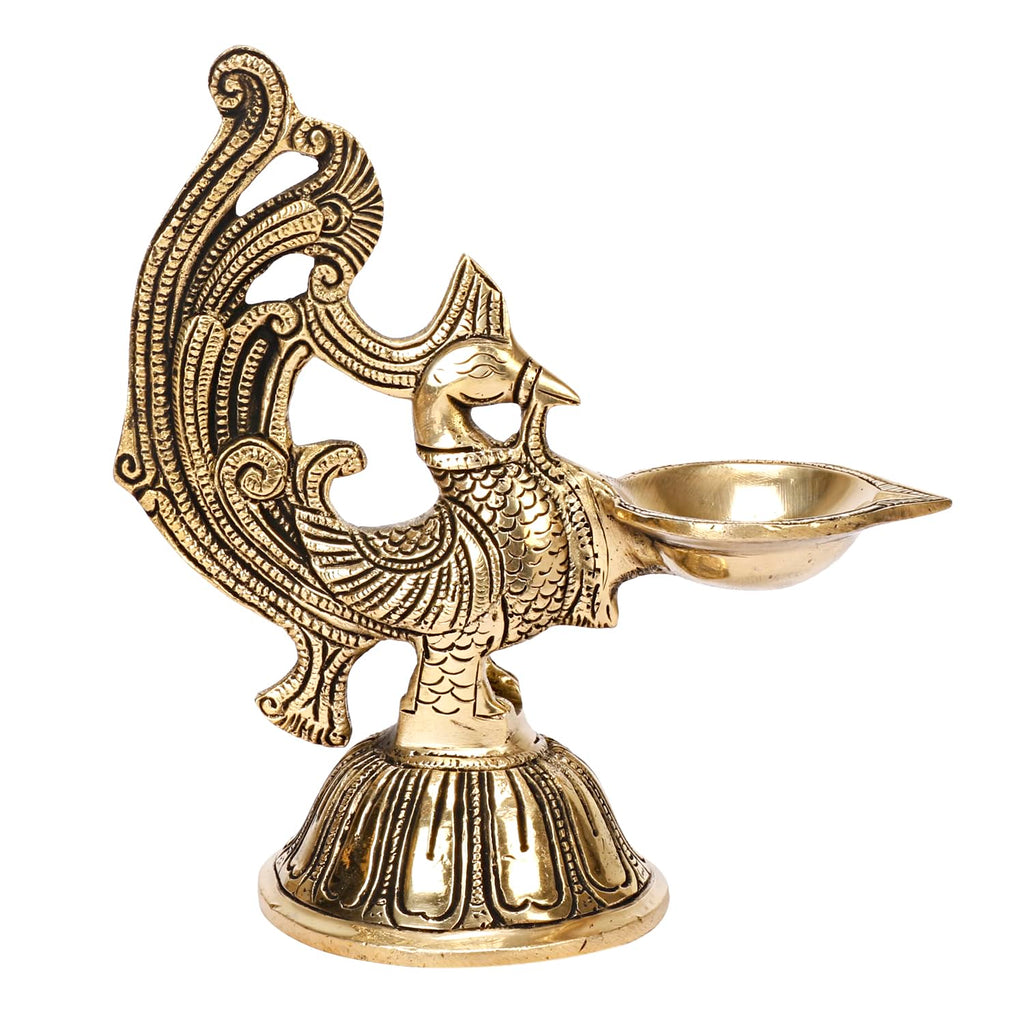 Artvarko Traditional Peacock Brass Diya Oil Lamp Arti Deepam for Home Temple 7 Inch