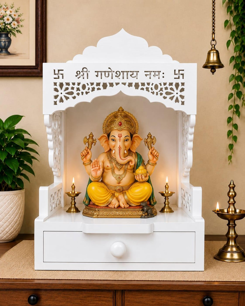 Wooden Pooja Mandir with Drawer, Shri Ganeshay Namah Carved Size 18x12