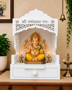 Wooden Pooja Mandir with Drawer, Shri Ganeshay Namah Carved Size 18x12