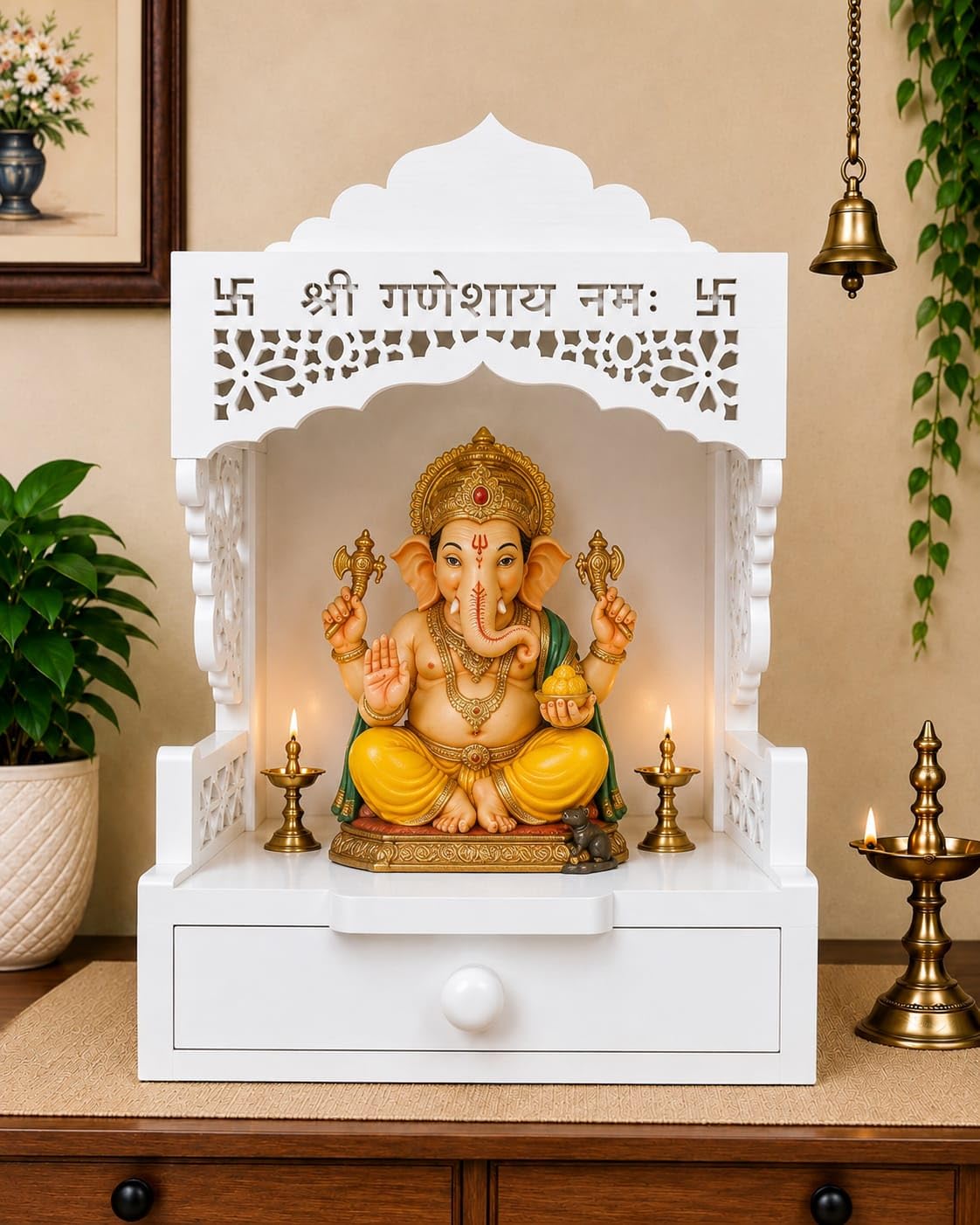 Wooden Pooja Mandir with Drawer, Shri Ganeshay Namah Carved Size 18x12