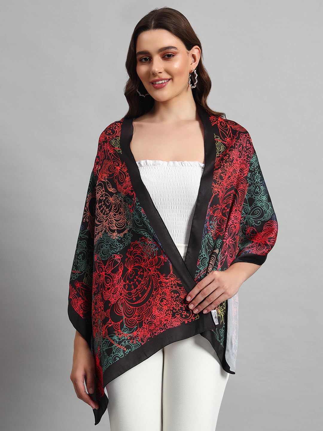 Ravaiyaa - Attitude is everything Women Lightweight Printed 100% Satin Silk Scarf Stoles for Female Breathable Neckerchief Head Beach Wrap Scarves (Black Butterfly, 70 X 20 Inch)