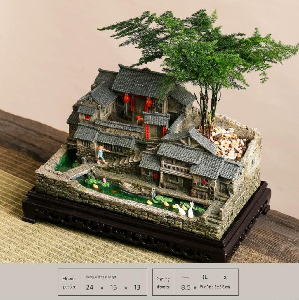 ROYAL FOUNTAIN Miniature Chinese Ancient Village House Model, Resin Figurine, 24x15x13 cm