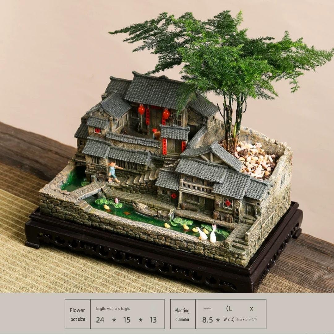 ROYAL FOUNTAIN Miniature Chinese Ancient Village House Model, Resin Figurine, 24x15x13 cm