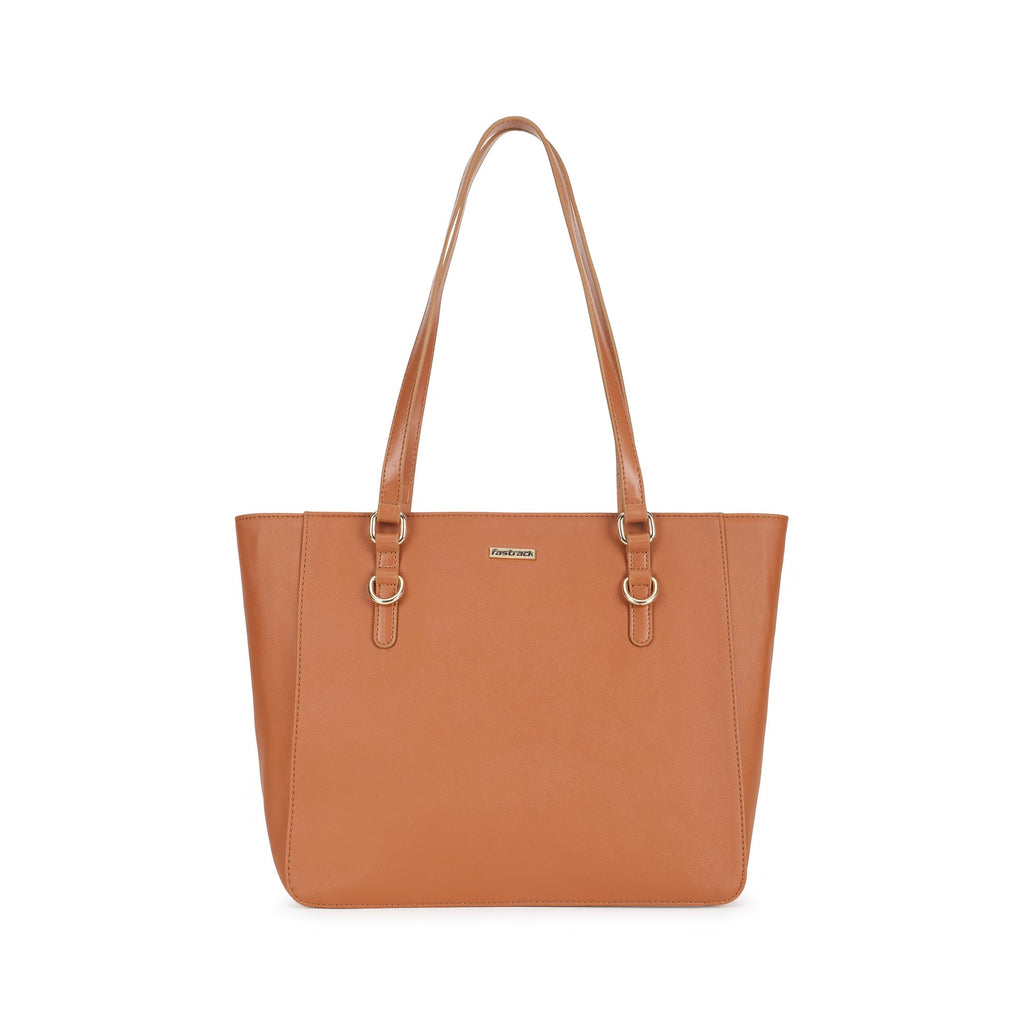 Fastrack CityStride tan Tote | Faux-Leather Women’s Handbag | Saffiano-Textured Tote for 14-Inch Laptop with Dual Compartments