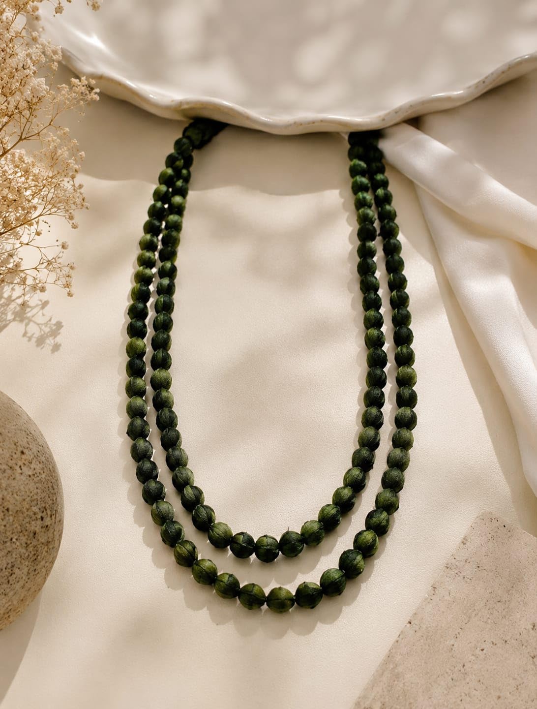LEENAALANKAR Handmade Fabric Bead Necklace for Women | Double Layer Adjustable Cotton Bead Necklace | Lightweight Ethnic Boho Statement Jewelry | Handmade Sustainable Fashion Accessory | Midnight Forest