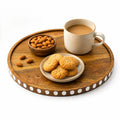 BAUZINI Round Mango Wood Serving Tray Handmade Decorative Wooden Tray with Raised Edge Tea, Coffee, Breakfast & Snack Serving Platter for Kitchen & Home Decor Brown & White -28 * 28 * 2.5 cm