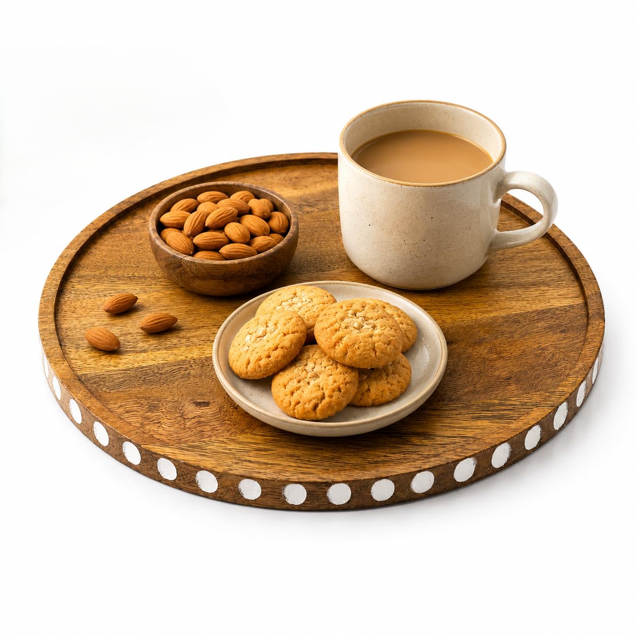 BAUZINI Round Mango Wood Serving Tray Handmade Decorative Wooden Tray with Raised Edge Tea, Coffee, Breakfast & Snack Serving Platter for Kitchen & Home Decor Brown & White -28 * 28 * 2.5 cm