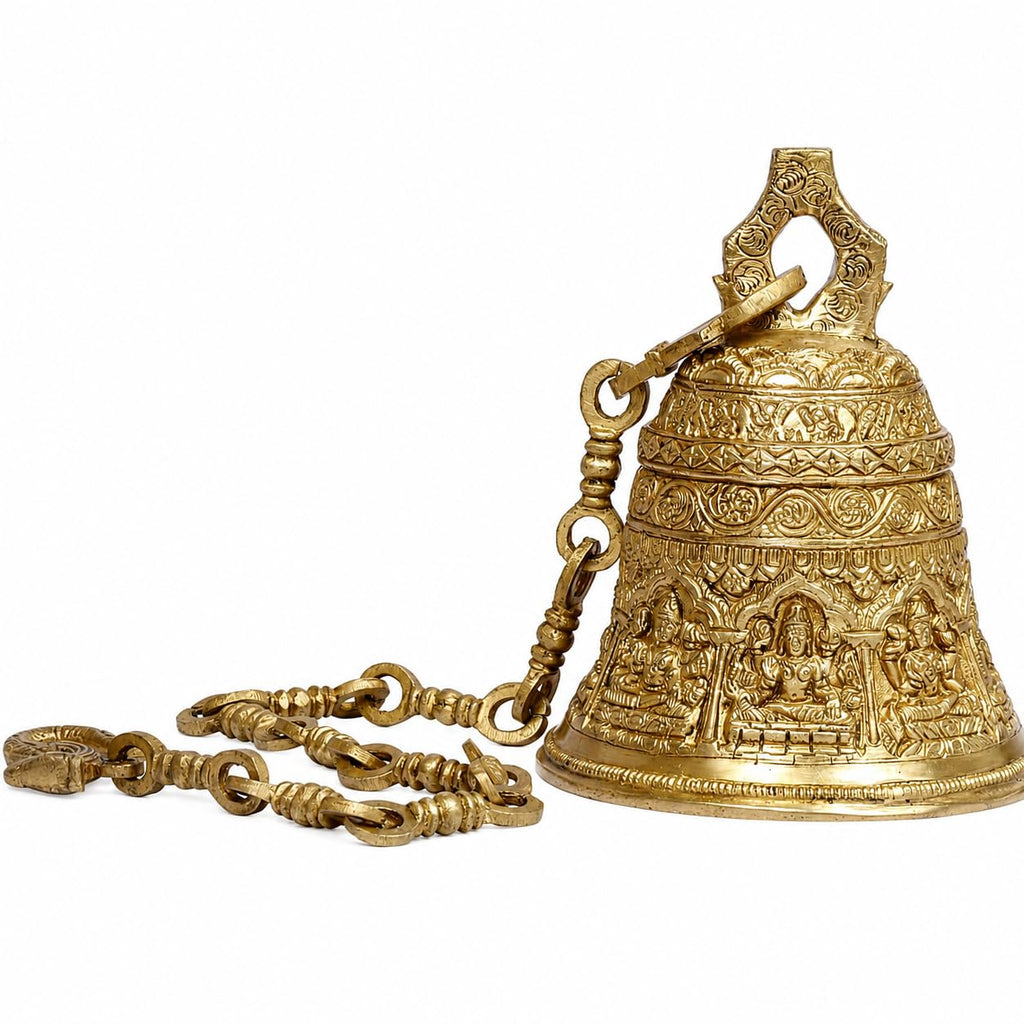 Artvarko Deep Sound Big Astalaxmi Engraved Hanging Brass Temple Bell/Ghanta for Pooja Room, Mandir Home Decor 32 Inch
