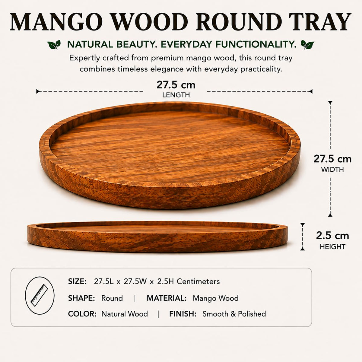 BAUZINI Decorative Round Wood Tray with Raised Edge - Perfect Small Round Tray for Kitchen, Dining Room, Tea, Ottoman, Breakfast Coffee Table & Home Decor Natural Wood Finish - 11 * 11 inch