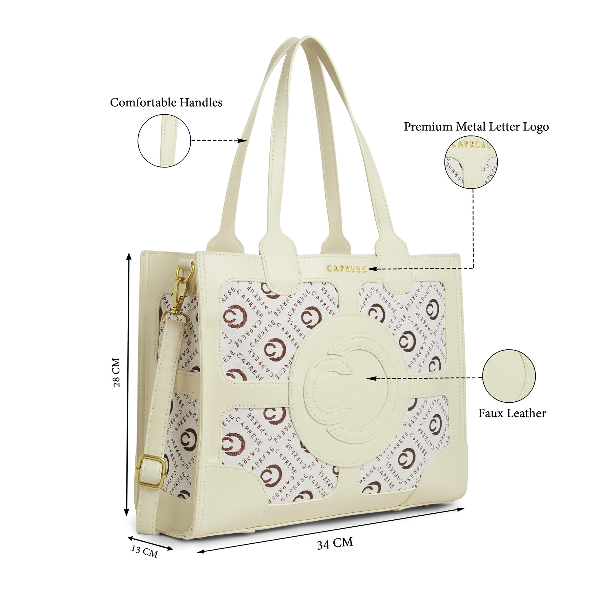 Caprese Florida Large Tote Bag for Women | Stylish & Durable Handbag with Adjustable & Detachable Strap, Back Zip Pocket | Fits 15-16 Inch Laptop | Perfect for Work, Travel & Daily Use (Beige)