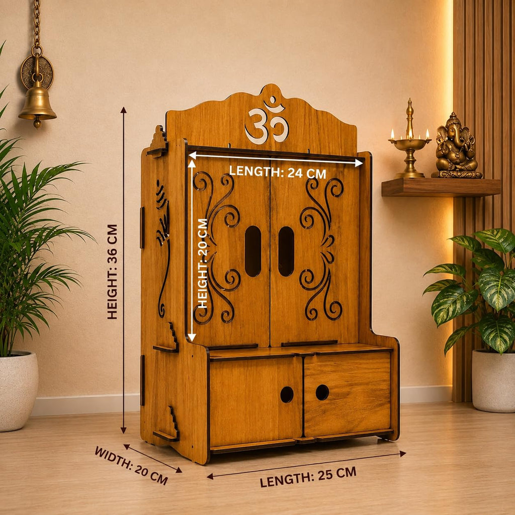 Wooden Small Size DIY Home Temple with Door & Drawer | Home Temple mandapam Storage Drawer Doors Religious Altar wall Tabletop Display Stand | DIY Tool Kit Included 36 * 20 * 25cm
