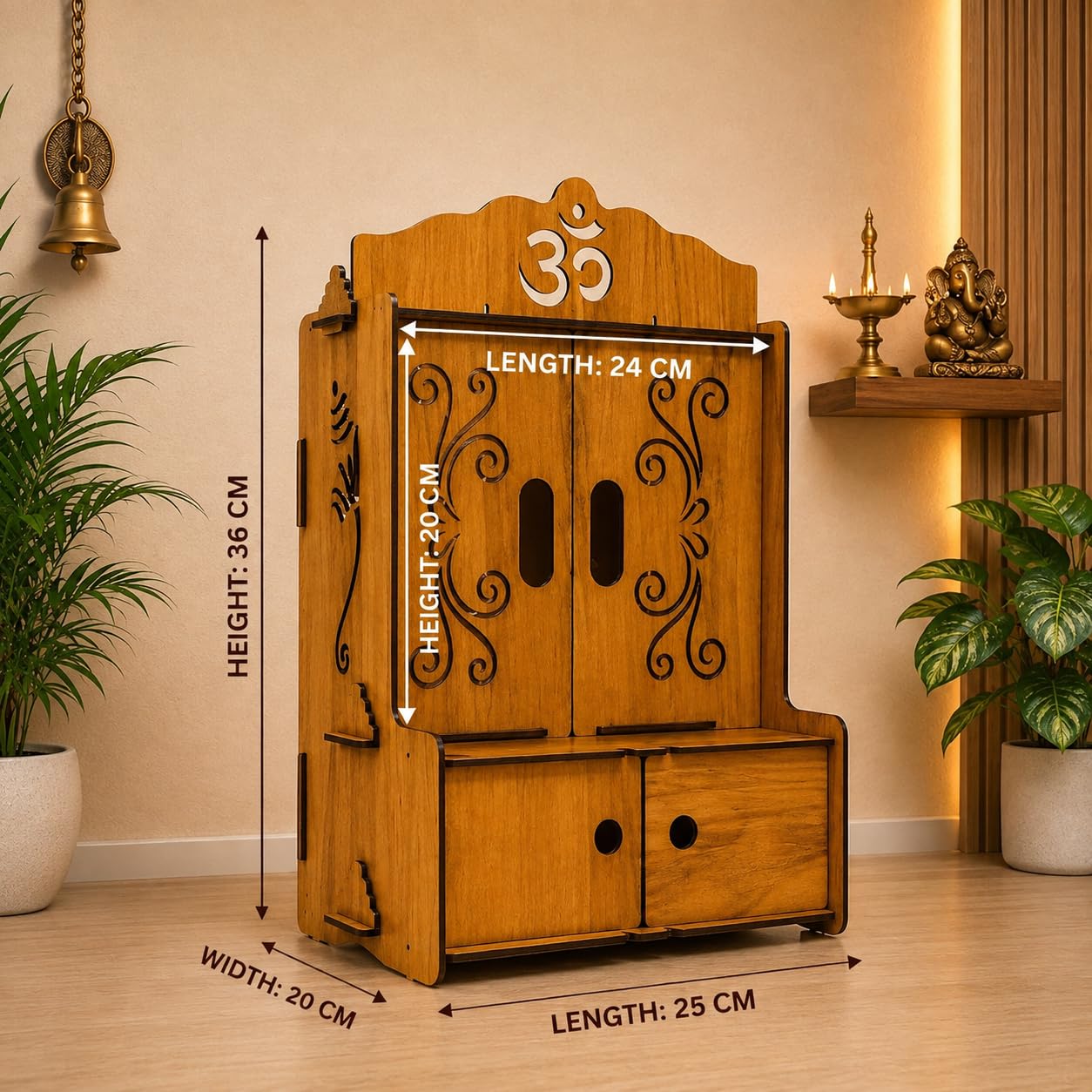 Wooden Small Size DIY Home Temple with Door & Drawer | Home Temple mandapam Storage Drawer Doors Religious Altar wall Tabletop Display Stand | DIY Tool Kit Included 36 * 20 * 25cm