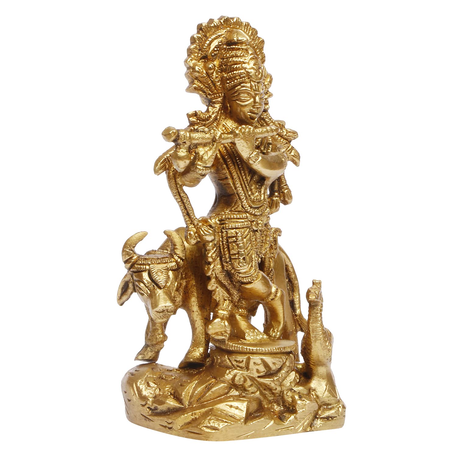 ARTVARKO Lord Krishna God Murti Brass Statue of Love Flute Playing with Cow and Peacock Home Décor Living Pooja Room Mandir Temple Height 4.5 Inch