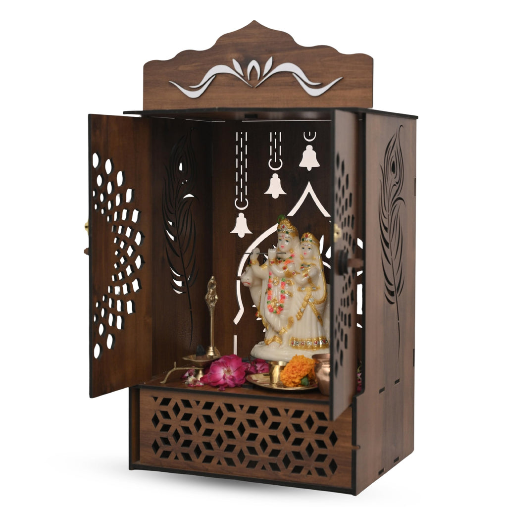 Venlay Wood Wooden Home Mandir with Double Door & Bell | Laser Cut Mandala Jali Cabinet Temple | Peacock Feather Engraving | MDF Pooja Ghar with Storage Drawer | White Finish | Gold Motif Header