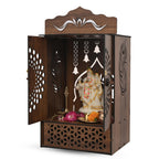 Venlay Wood Wooden Home Mandir with Double Door & Bell | Laser Cut Mandala Jali Cabinet Temple | Peacock Feather Engraving | MDF Pooja Ghar with Storage Drawer | White Finish | Gold Motif Header