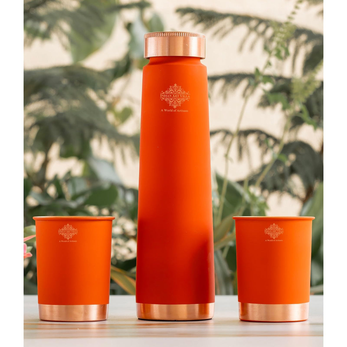 INDIAN ART VILLA Copper Bottle & Glass Gift Set - 800 ml Water Bottle & 2 Glasses (300 ml Each) - Orange Pyramid Ombre Silk Finish, Perfect for Gifting & Everyday Use