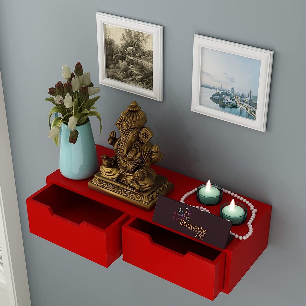 WOODWALLZ Wall Mounted Hanging Puja Temple Shelf with Drawer Stylish Wood God Stand for Pooja Room Mandir Stand for Temple-Red