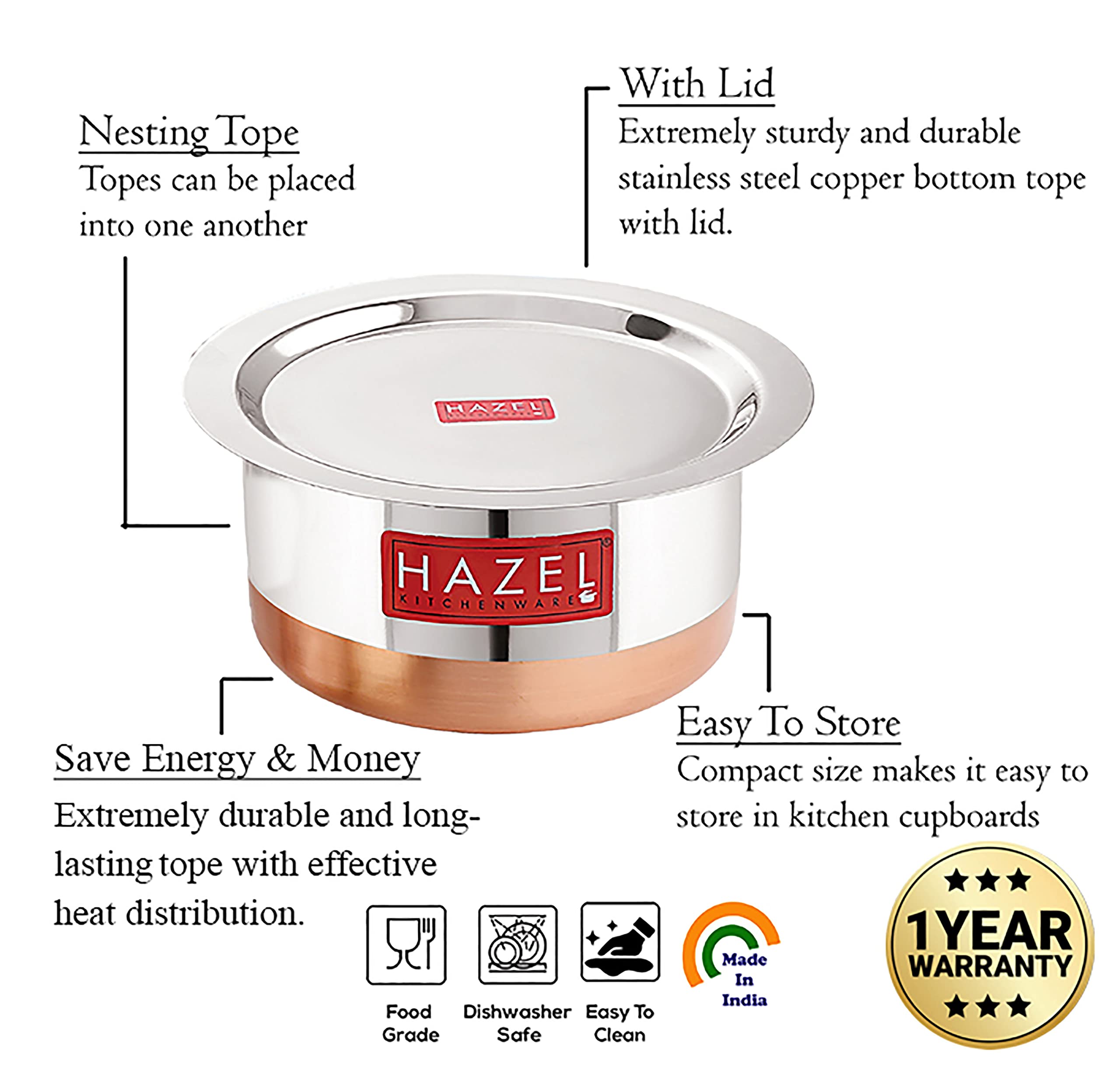 HAZEL Steel Copper Bottom Tope With Lid | Cooking Vessels and Utensils | Stainless Steel Patila, Capacity 5200 ml