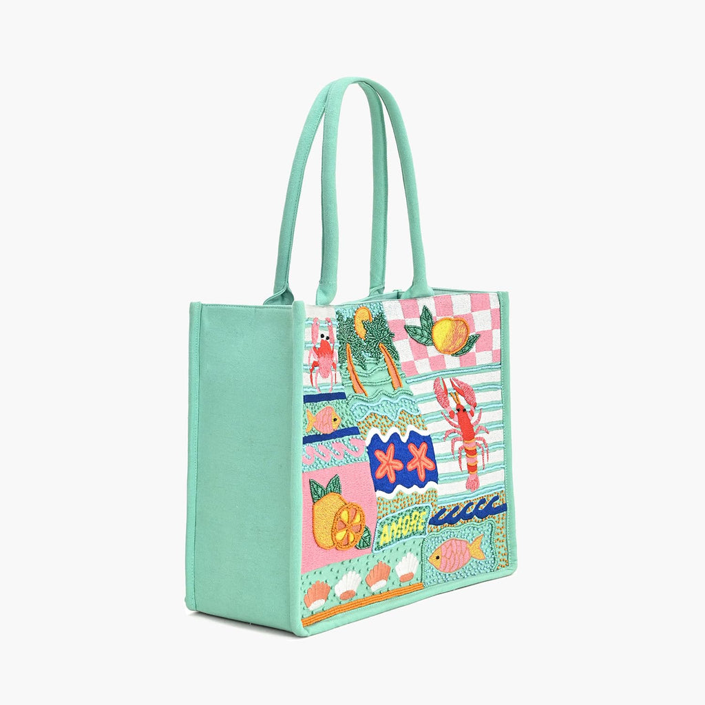Boho Girl Handbag for Women Coastal Charm Cotton Tote Bag, Ocean Theme Embroidered Ladies Shoulder Bag, Stylish Women Tote Bag for Beach, Travel, Shopping and Everyday Use