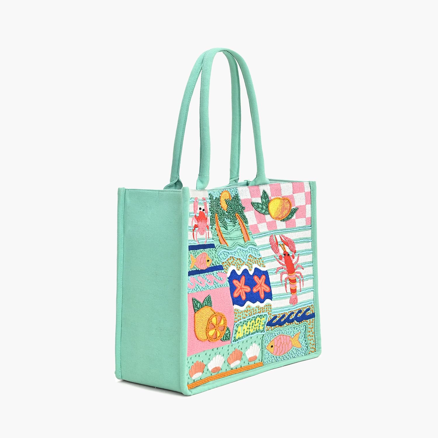 Boho Girl Handbag for Women Coastal Charm Cotton Tote Bag, Ocean Theme Embroidered Ladies Shoulder Bag, Stylish Women Tote Bag for Beach, Travel, Shopping and Everyday Use