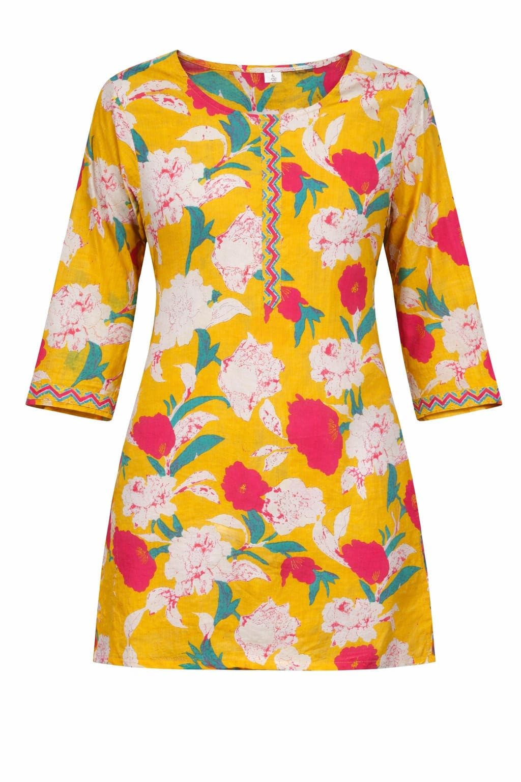 Women's Floral Printed Rayon Short Kurta, Yellow, Round Neck, 3/4 Sleeves, Casual & Office Wear (in, Alpha, 2XL, Regular)