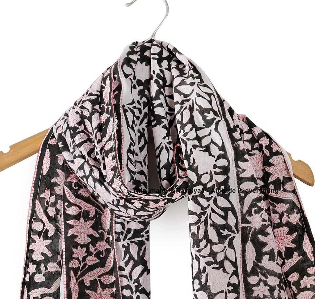 Ravaiyaa - Attitude is everything Hand Block Printed Cotton Long Women's Stole Scarves Hijab Neck Wrap Scarf 71 X 21 Inch (Black Floral) For Female