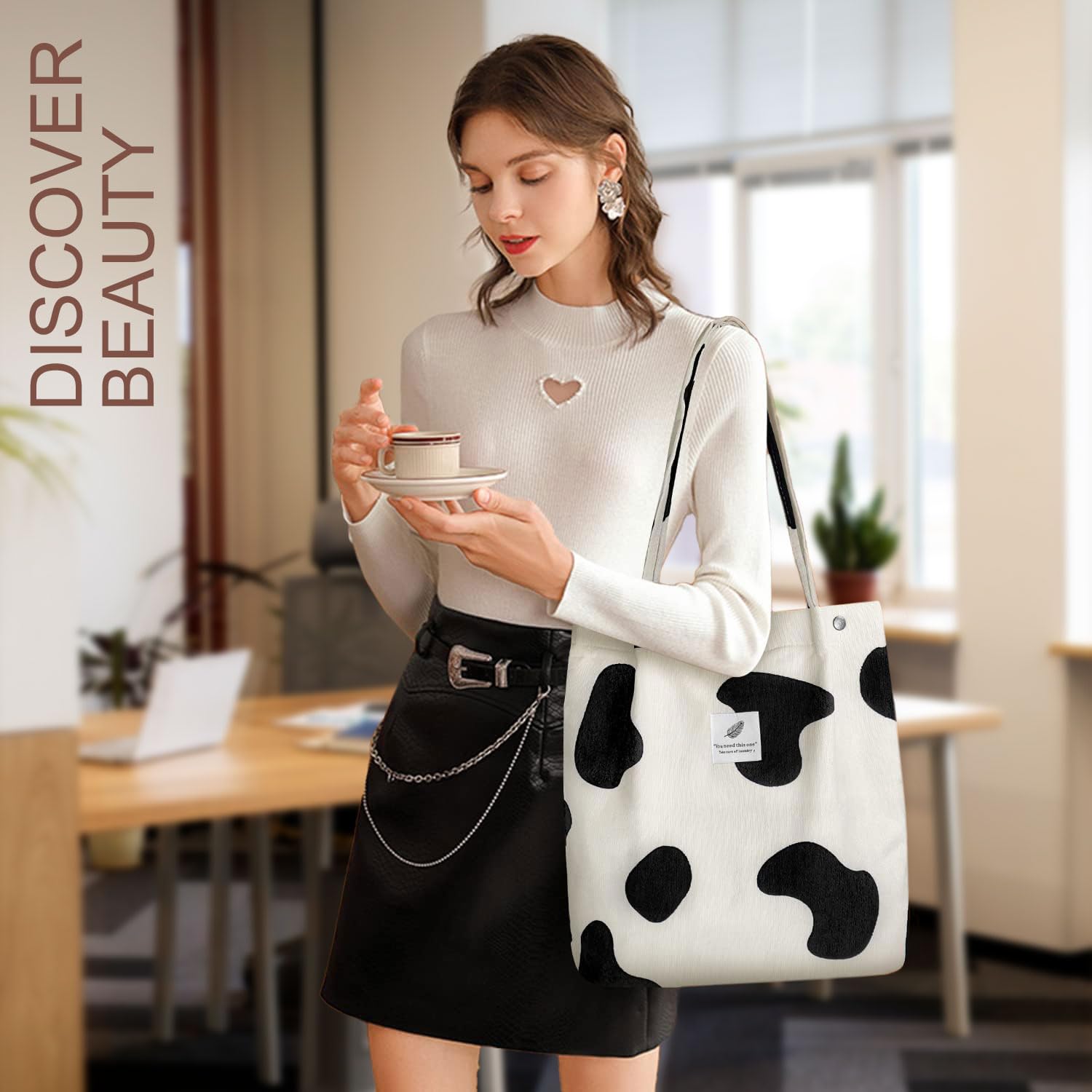 Street27® Korean Canvas Corduroy Tote Bag Casual Work Shoulder Handbags | Multi-Purpose Bag |Sturdy Canvas Bag with Large Capacity | Shopping Bag for Office, College & Daily Use (Cow)