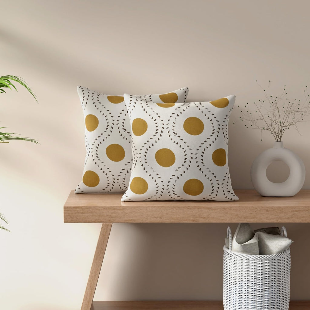 HUESLAND Premium Cotton Cushion Cover 16 inch x 16 inch | Decorative Square Throw Pillow Covers Set for Sofa, Living Room & Bedroom | Set of 2 | Natural, Golden Ochre & Bistre