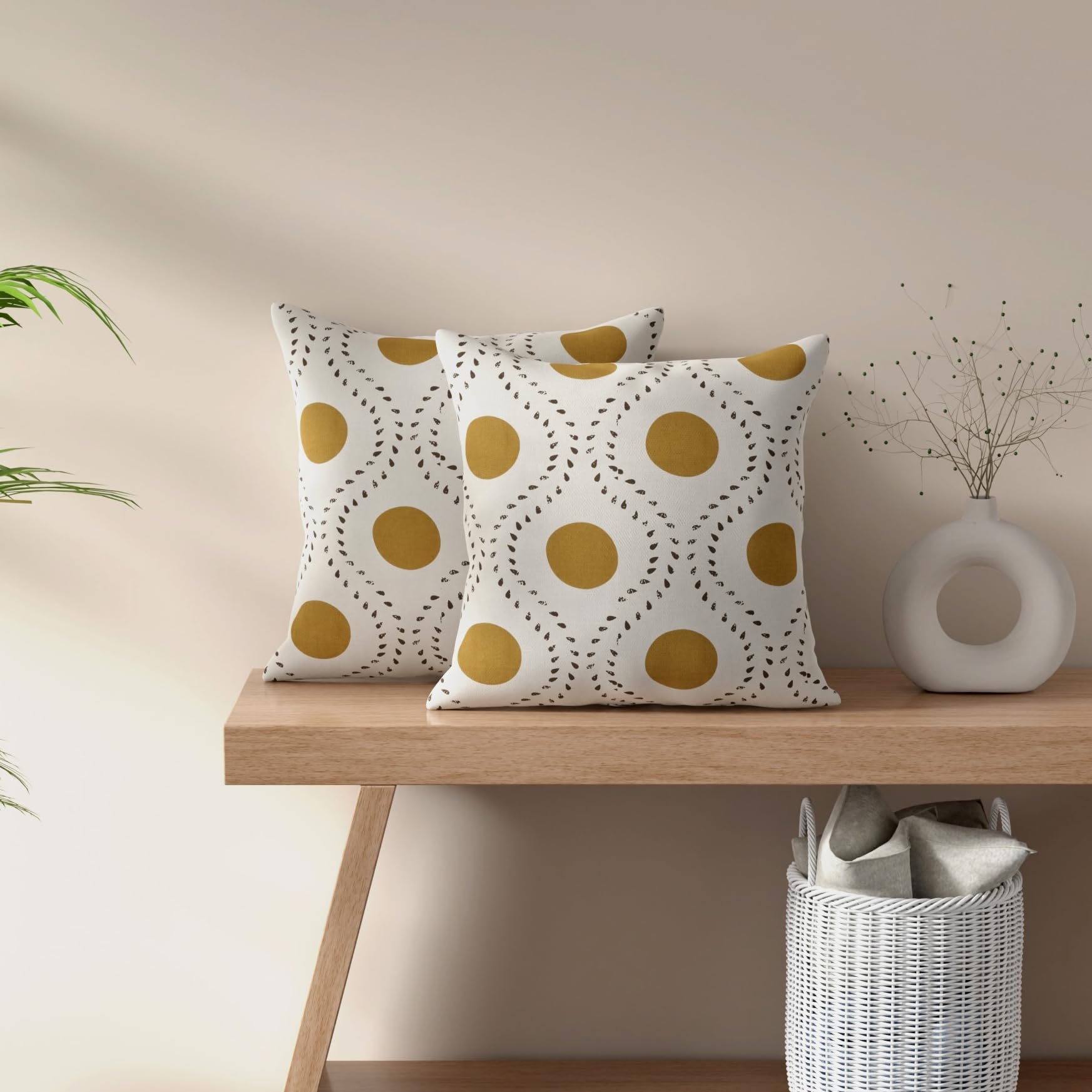 HUESLAND Premium Cotton Cushion Cover 16 inch x 16 inch | Decorative Square Throw Pillow Covers Set for Sofa, Living Room & Bedroom | Set of 2 | Natural, Golden Ochre & Bistre