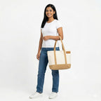 Meeboo’s Tote Canvas Tote Bag Off White Medium Size 350 GSM Cotton Canvas Shoulder Bag for Women Reusable Shopping Office College Bag with Magnetic Closure (Off White Beige Handle)