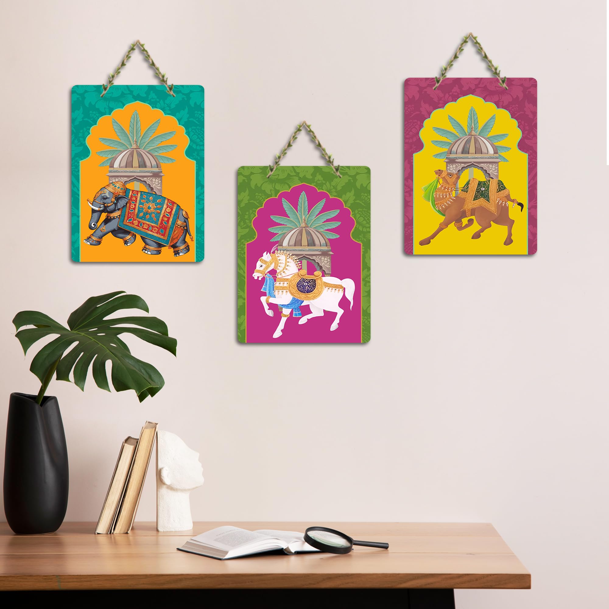 Artvibes Ancient Royal Rides Kalamkari Art Wooden Wall Hanging for Home Decor | Living Room | Wall Art Paintings | Wall Poster | Graphic Art | Artworks Hangings | Ideal Gifts (WH_96154N), Set of 3