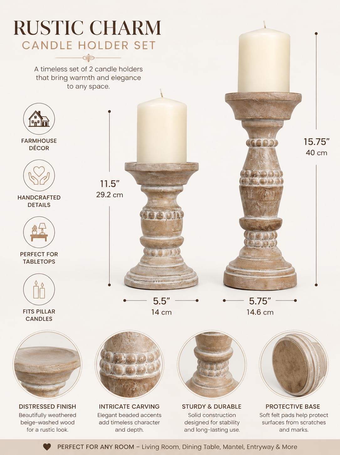 Wooden Pillar Candle Holder Natural Wood Finish with Carved Beans Filled with White Set of 2 Ideal for Weddings or Parties as Well as Home Decor