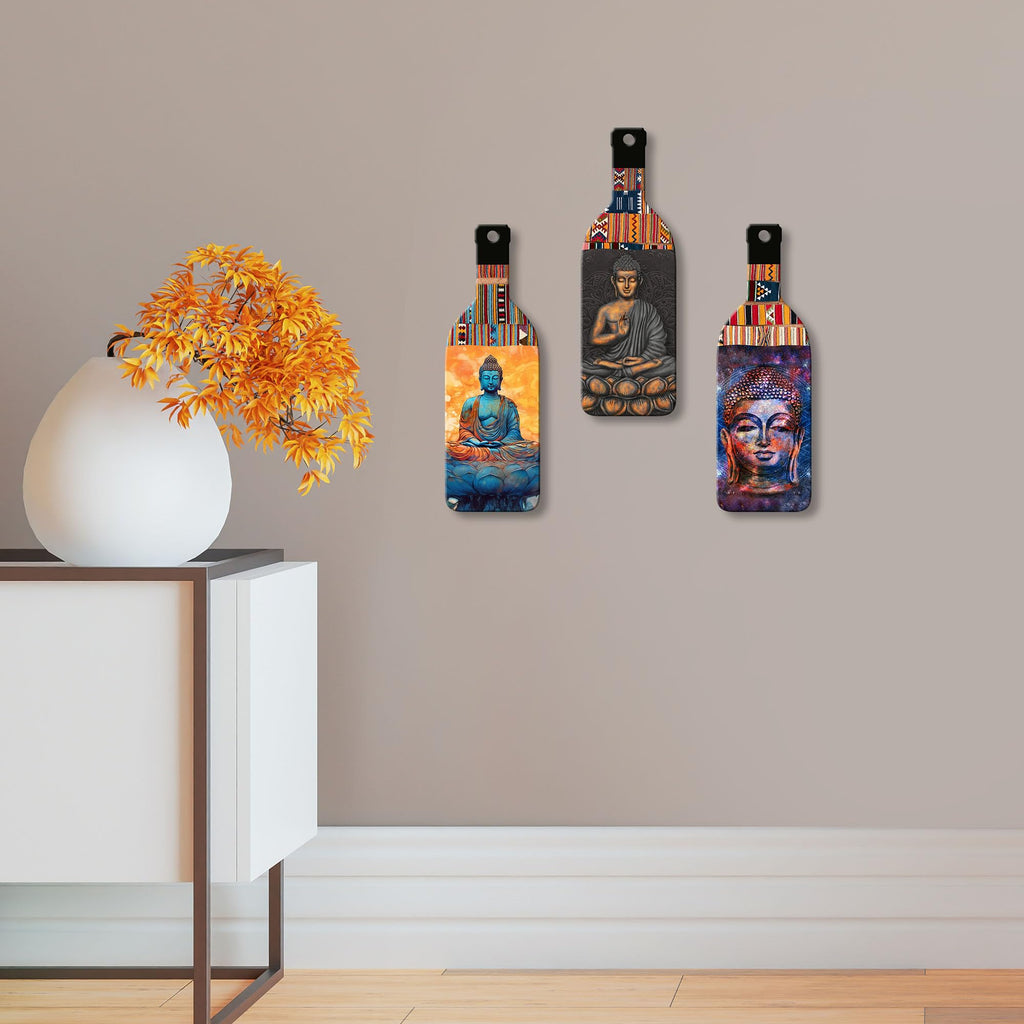 Artvibes Meditating Gautam Buddha Decor Bottle shaped Wooden Wall Hanging | Spiritual Decor Items | Wall Art Painting For Hall | Wall Paintings | Handcrafted Art | Gift Items (WH_9502N), Set of 3