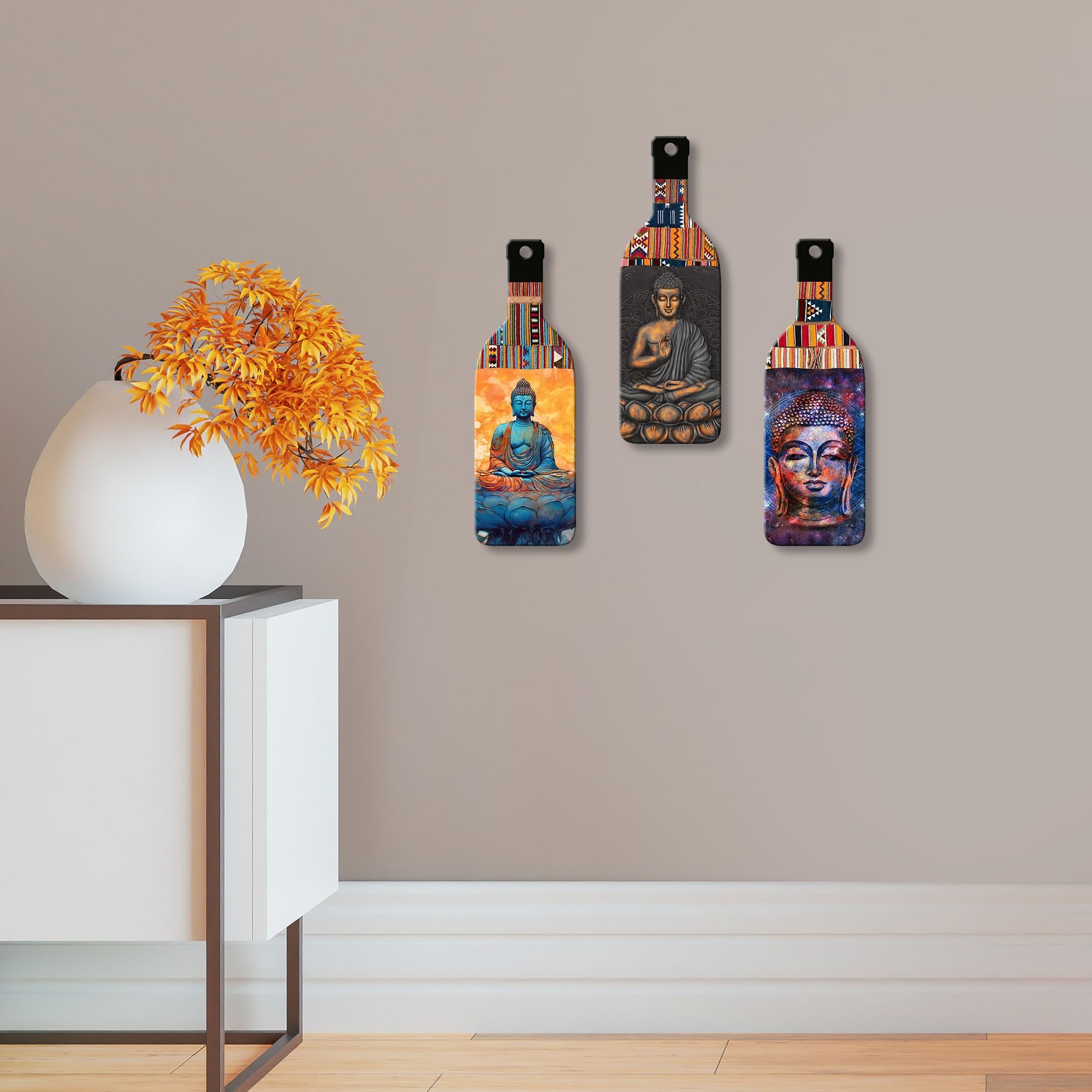 Artvibes Meditating Gautam Buddha Decor Bottle shaped Wooden Wall Hanging | Spiritual Decor Items | Wall Art Painting For Hall | Wall Paintings | Handcrafted Art | Gift Items (WH_9502N), Set of 3