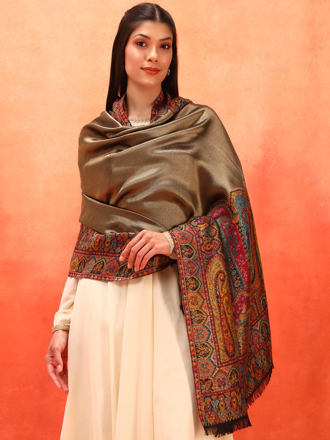 Pashmoda Women Zarvash Fine Wool Kaani Shawl, Authentic Kashmiri Luxury Pashmina Style Shawl, Stole, Medium Gents Lohi, Size (40x80 Inches, Multi Color) MZSS06