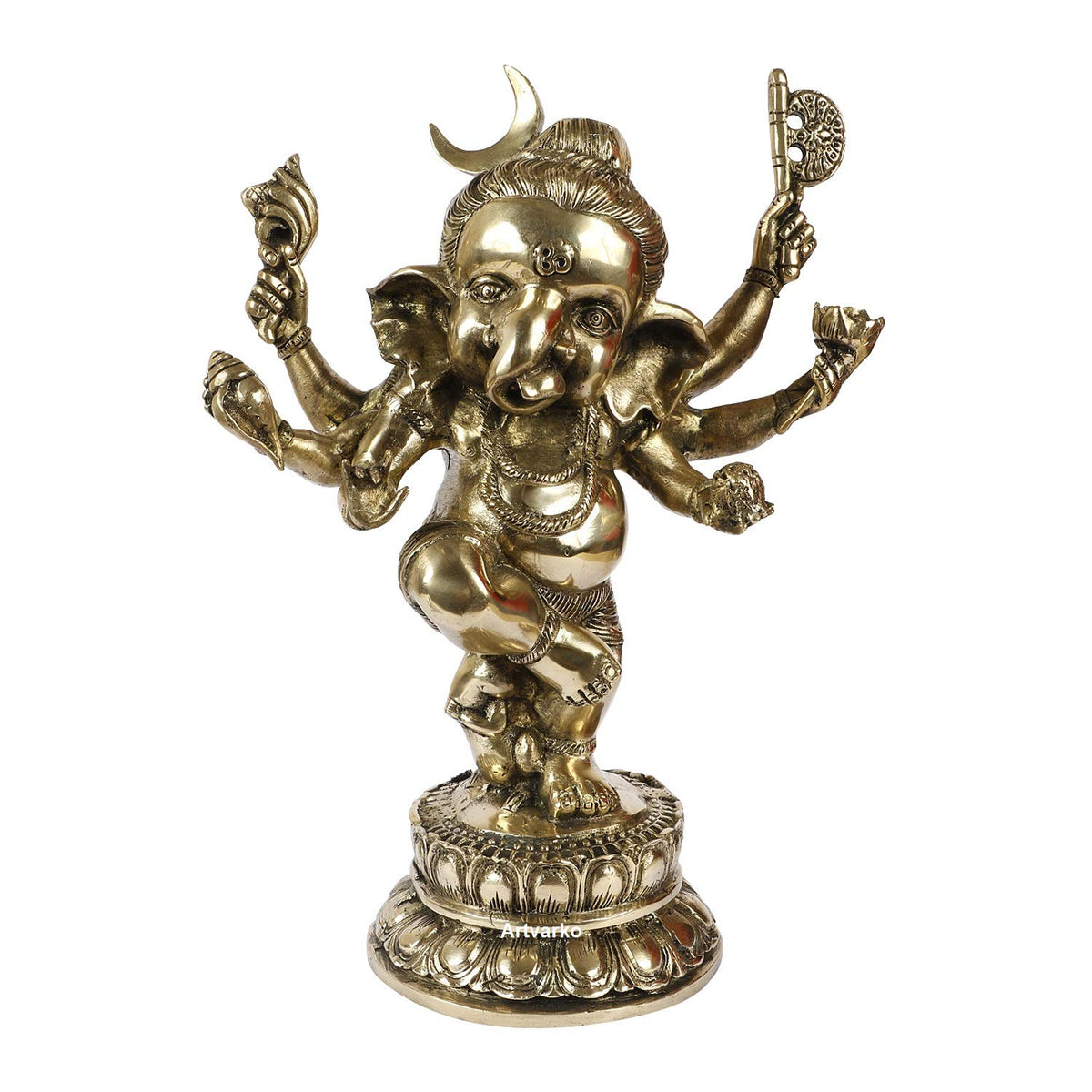 Artvarko 15 Inch Big Brass Dancing Ganesha Idol Six Arms Moon on Ganesha Head Puja Sculpture Home Office Gifts Decor