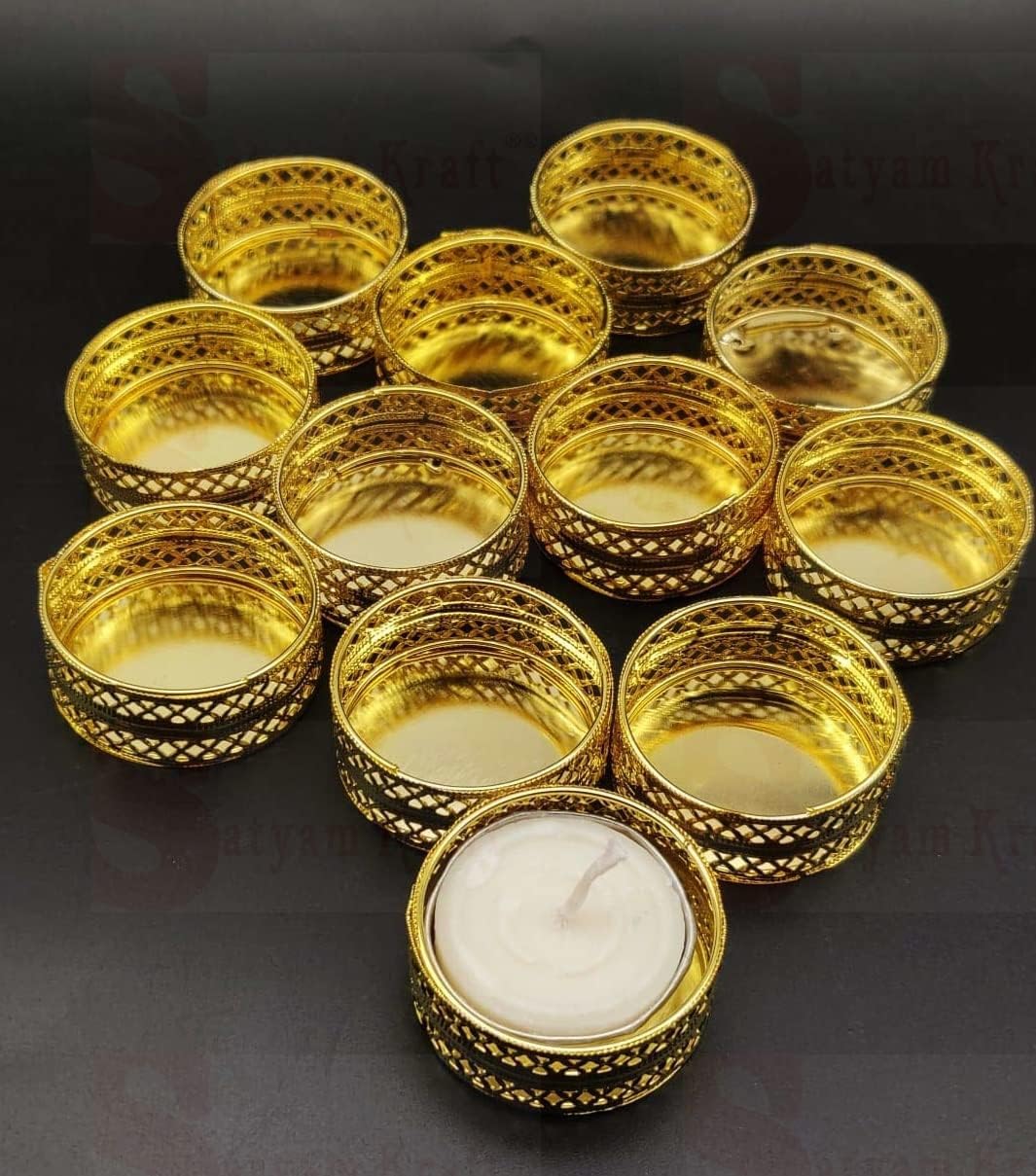 Prapti Handicrafts Handmade Tealight Candle Holders for Diwali Decoration,Home Decor Gifts Items/Diya for Home Office Pooja,Durga Puja Gift Sets (Golden Candle Holder, Pack of 15)
