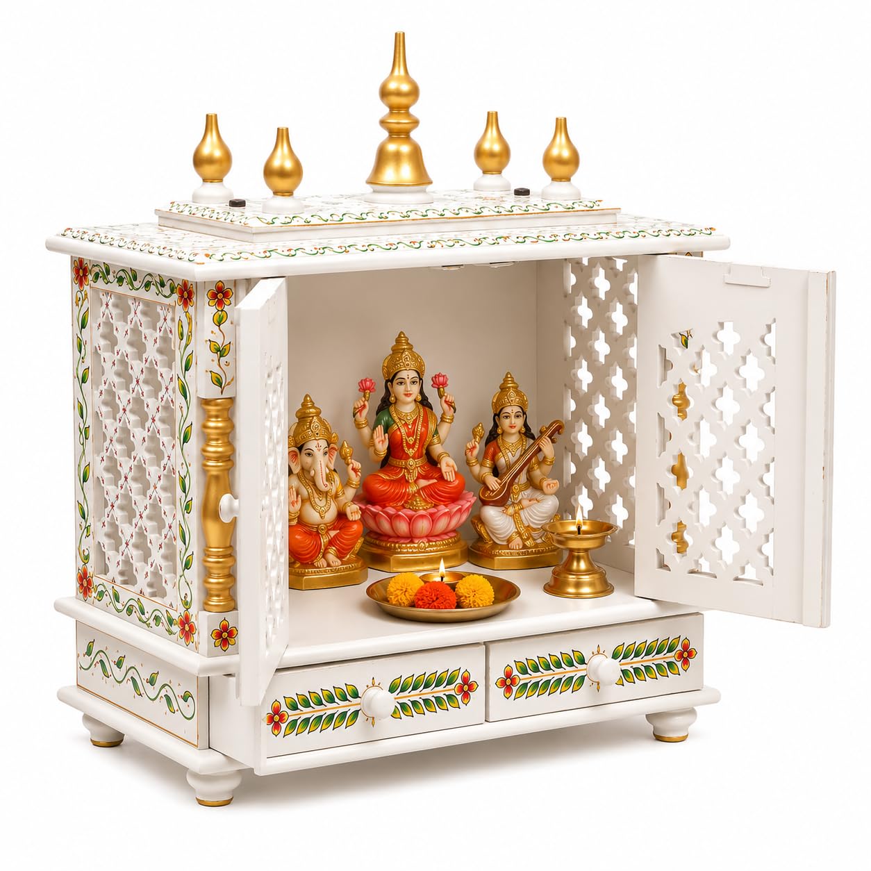 Kamdhenu Art and Craft Wood Home Temple (18 x 9 x 21 inch, White & Red)