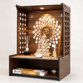 FA6 Wooden Home Temple for Pooja Room 5 MM MDF Mandir for Home with Laser Cut Design, Om Wall Panel & Storage Shelf Compact Pooja Mandir 15.5 x 11.5 x 9.5 Inch