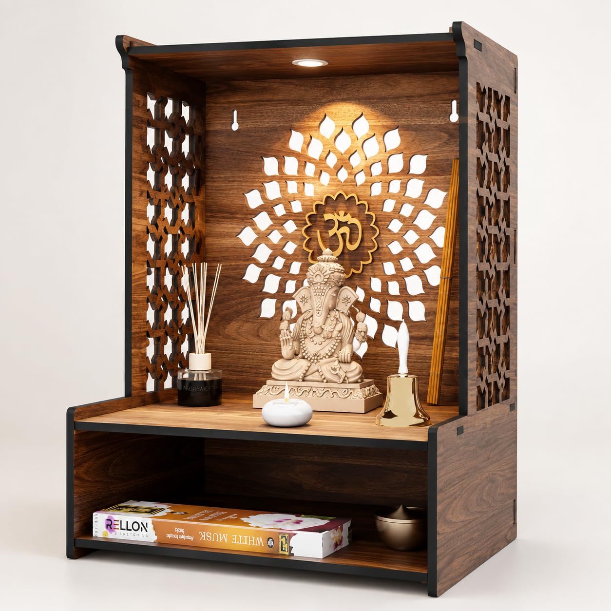 FA6 Wooden Home Temple for Pooja Room 5 MM MDF Mandir for Home with Laser Cut Design, Om Wall Panel & Storage Shelf Compact Pooja Mandir 15.5 x 11.5 x 9.5 Inch