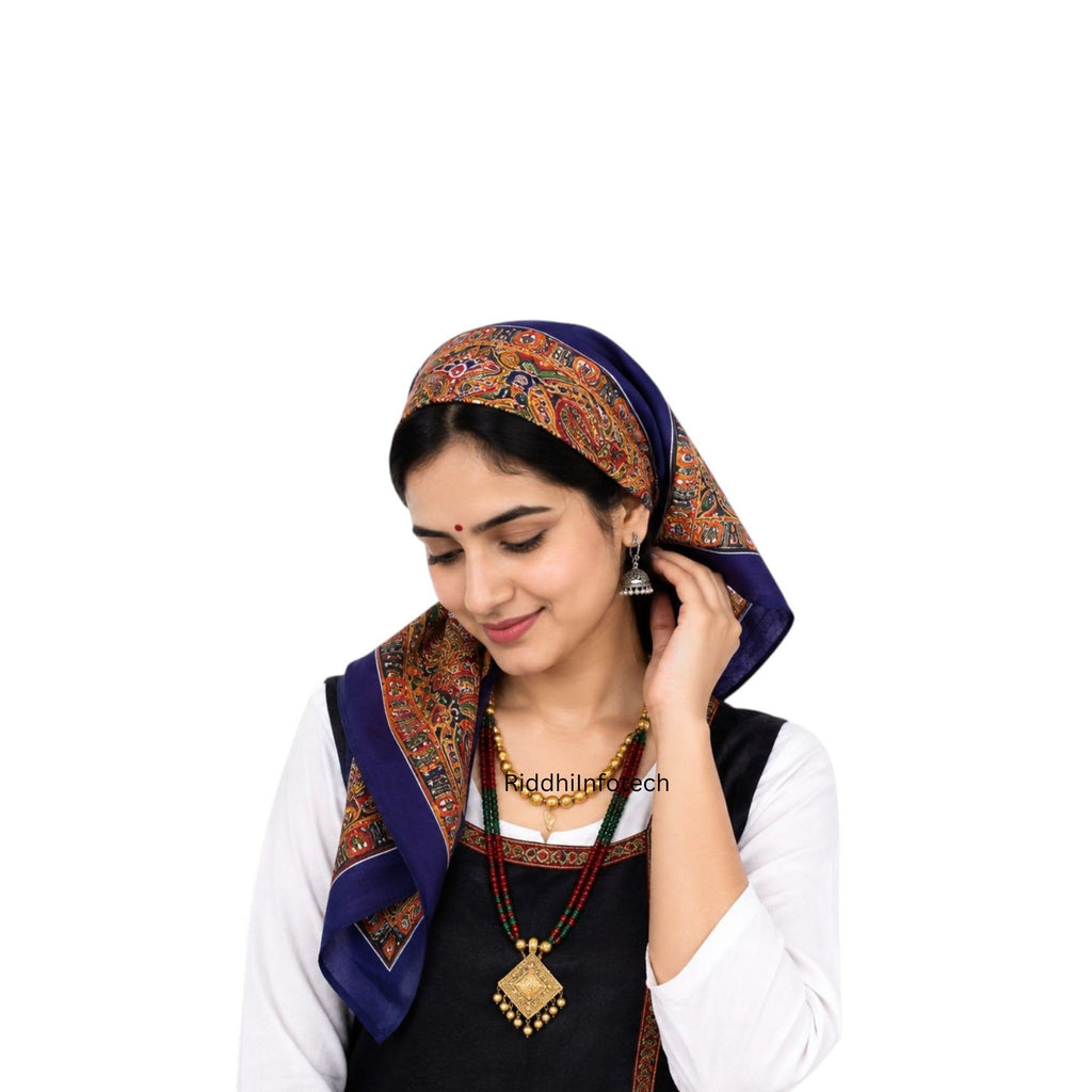 RiddhiInfotech Uttarakhand Pahadi Printed Square Scarf for Women | 26 x 26 Inch Traditional Head Scarf | Vintage Hair Wrap, Bandana, Neck Scarf & Stylish Fashion Accessory | Multicolour