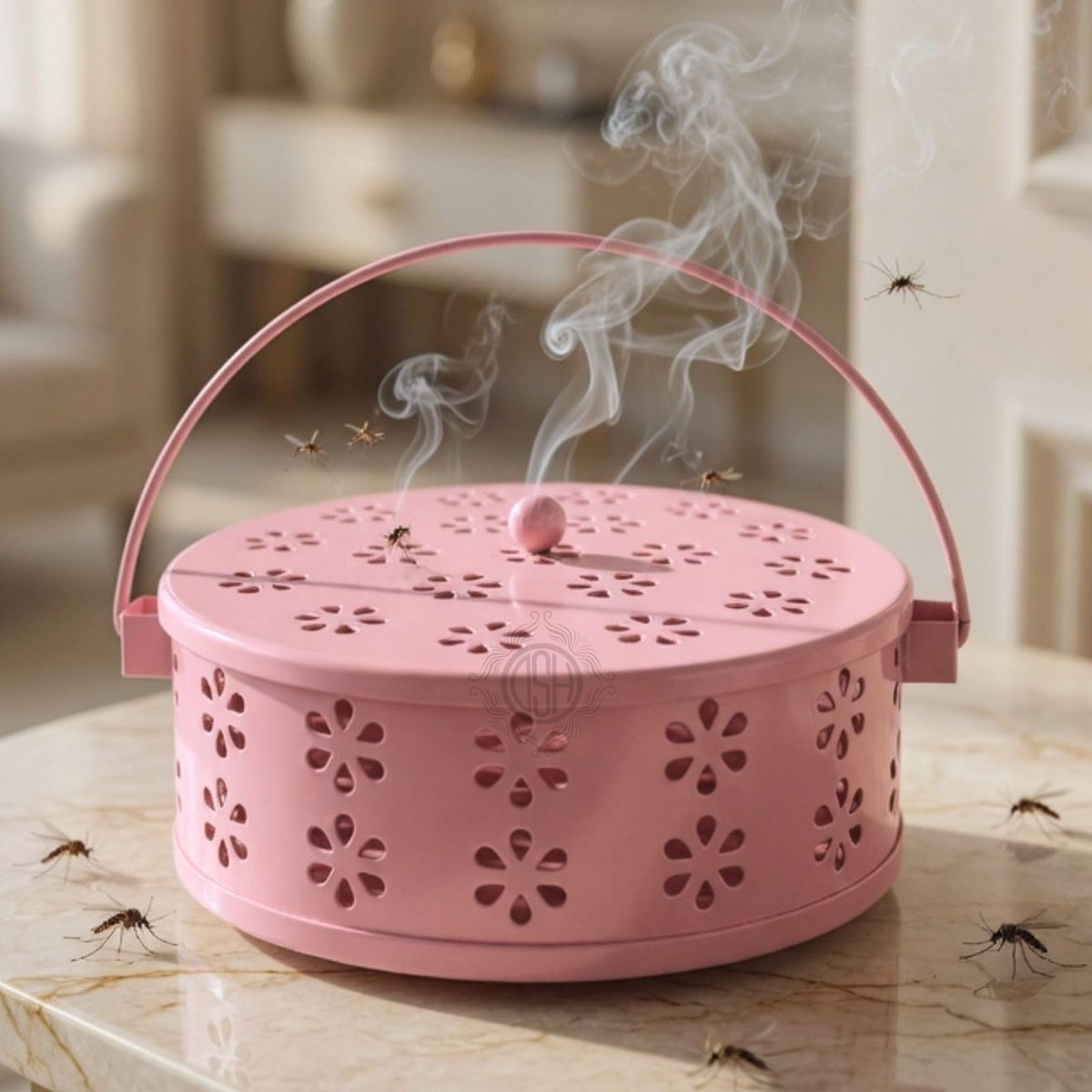 DSH Metal Mosquito Coil Holder with Lid & Handle Ash Catcher Stand for Mosquito Coil Indoor Outdoor Safe Use (Pink)